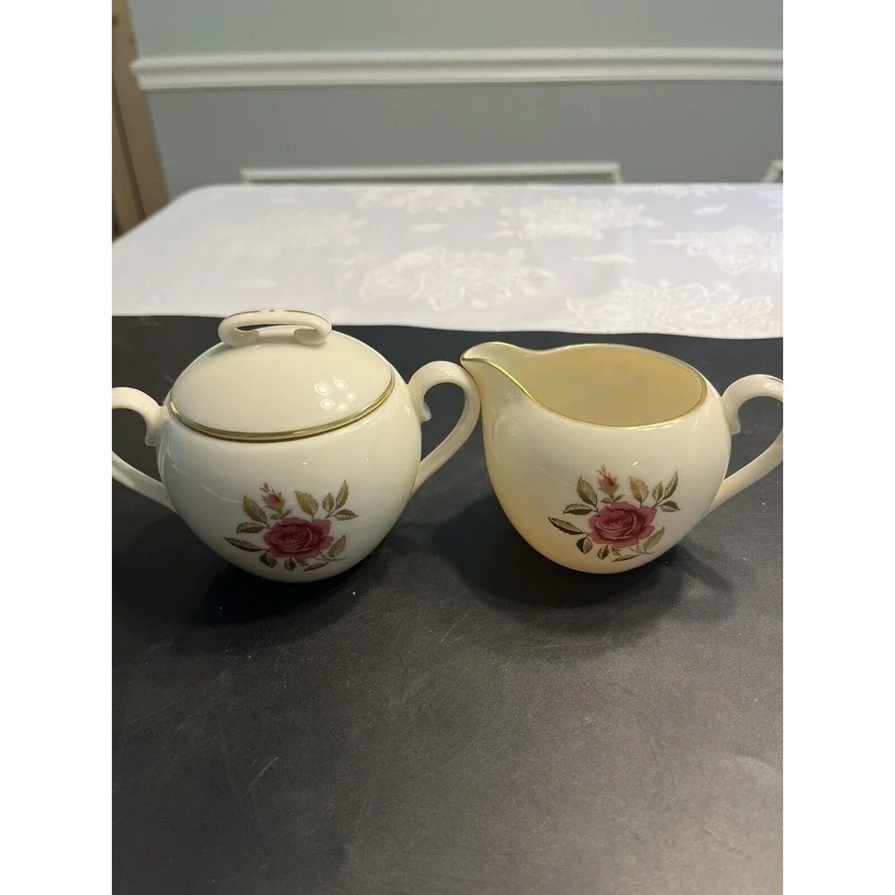 Vintage Lenox Roselyn Floral Pink Rose Gold Trim Creamer & Sugar Bowl w/ Lid